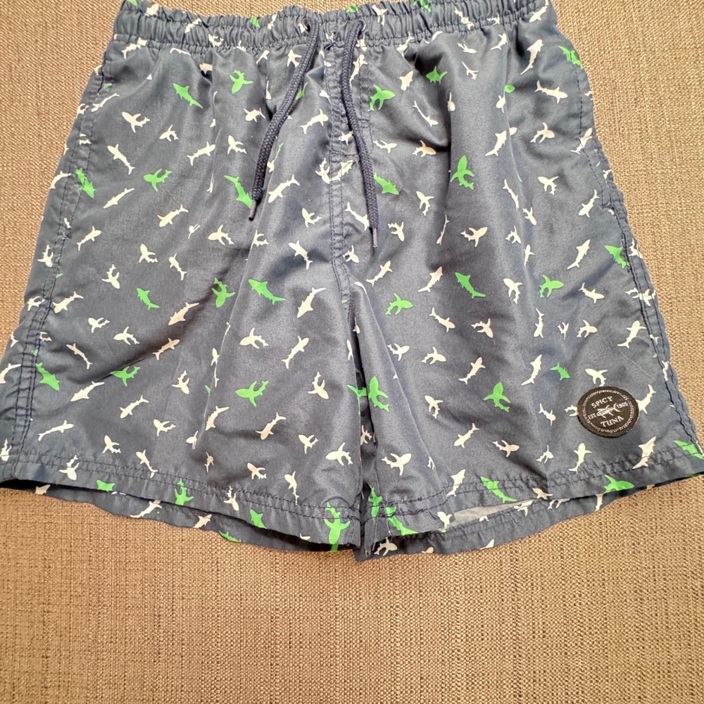 Spicy Tuna Mens Shark Print Swim Trunks Navy Blue Green Board Shorts Small